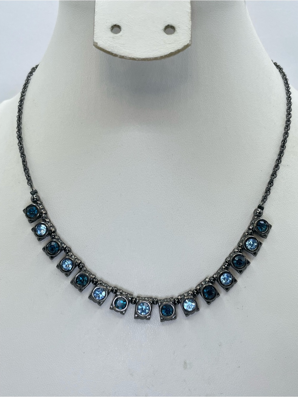 1928 Blue Crystal Glass Gunmetal Tone Statement Necklace Vintage Inspired